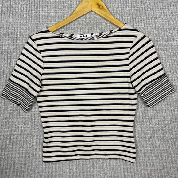 Three Dots Sz XS Striped Boat Neck Short Sleeve Shirt Nautical Criss Cross Black - Picture 1 of 10